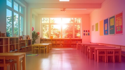 Wall Mural - A bright and cheerful classroom with large windows, a bookshelf filled with colorful books, and rows of wooden tables and chairs.