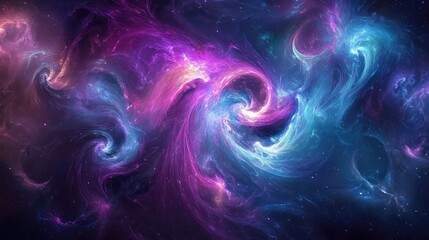 Wall Mural - A swirling abstract nebula of vibrant colors, with shades of purple and blue blending together in a cosmic dance