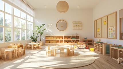 Poster - A bright and airy classroom with large windows, wooden furniture, and a colorful rug. The room is perfect for learning and playing.