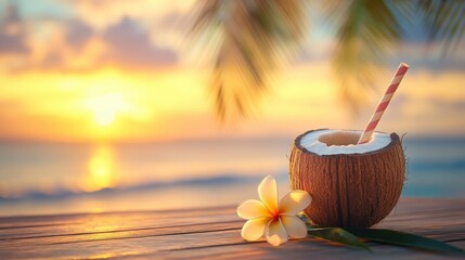 Coconut fruit closeup view with coconut tree leaf on wooden table with tropical sea at sunset