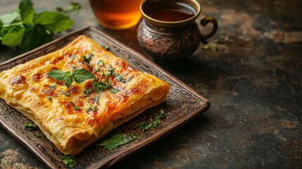 Sticker - A square-shaped Moroccan msemen flatbread drizzled with honey, garnished with mint, served with a cup of mint tea on a traditional plate