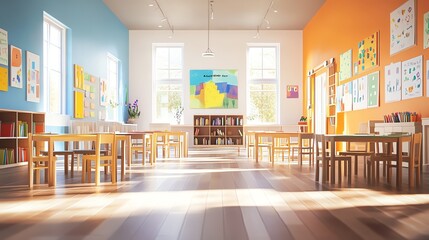 Poster - A bright and cheerful classroom with colorful artwork and wooden furniture.