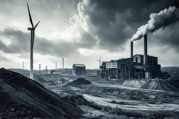 Poster - Closed coal mines contrast with wind turbines near old factories, symbolizing the shift towards renewable energy sources in industry. Generative AI