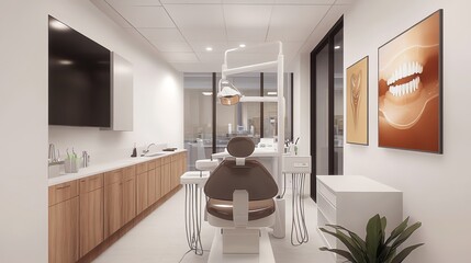 A modern dental chair with an orange leather seat and a sleek white and blue design. The chair is positioned in a bright, clean dental office.