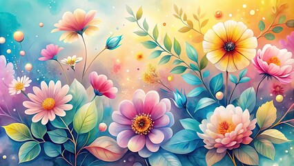 Poster - Whimsical watercolor-style illustration of vibrant flowers on a soft, abstract vector background, featuring delicate petals and leaves in shades of pink, yellow, and blue.