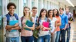 © Man888 - Young individuals in casual attire stand patiently in a row, clutching backpacks and notebooks, awaiting their turn, surrounded by a blurred school corridor background.