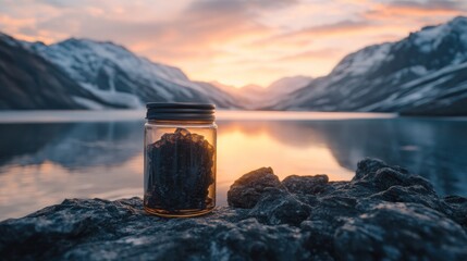 Poster - Glass Jar on Rocky Shore with Mountain Background and Sunset