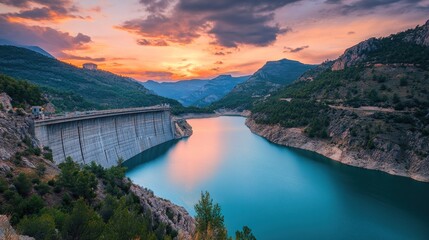 Poster - Sunset Over Dam and Reservoir