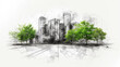 © DesignArc - Architectural charcoal sketch Modern city building with green tree