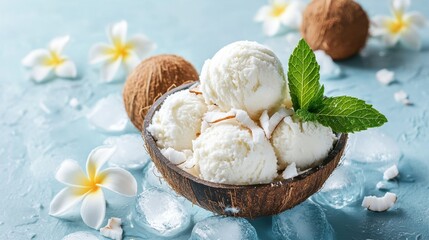 Coconut ice cream in bowl with ice