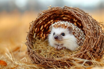 Hedgehog Curled Up in a Nest of Twigs and Hay