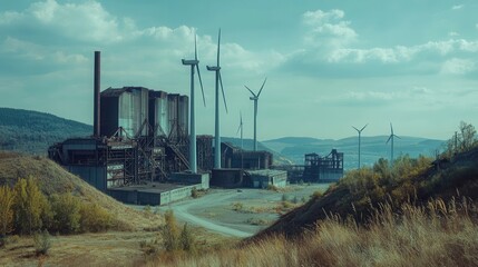 Poster - Old factories and closed coal mines stand in contrast to modern wind turbines, highlighting the shift towards renewable energy sources. Generative AI