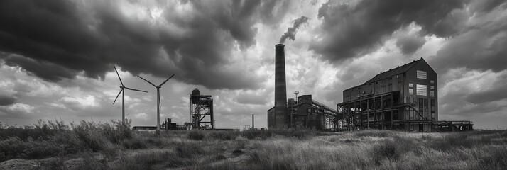 Poster - Wind turbines rotate beside abandoned coal mines and factories, emphasizing the shift from fossil fuels to sustainable energy sources. Generative AI