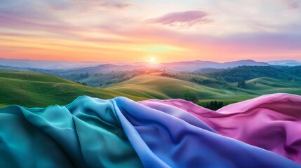 A cloth bag mockup with an image of a vibrant sunrise over a lush, green landscape, symbolizing hope for a sustainable future.