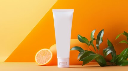 A sunscreen tube mockup featuring a sun motif made of intertwining leaves and rays, emphasizing protection and the power of natural elements.