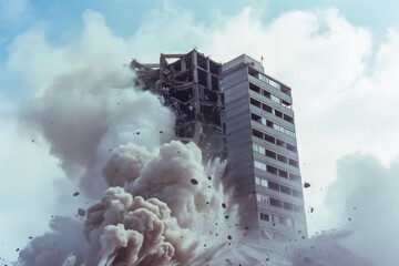 a high-rise building dramatically collapses amid clouds of dust and debris against a bright blue sky