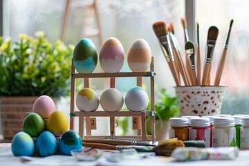 An artistic arrangement of brightly colored Easter eggs and painting supplies on a table, capturing the festive and creative spirit of Easter preparations.