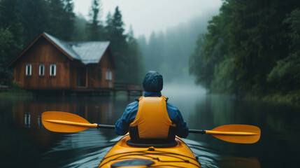 A man kayaking in still lake water with forest and lake house