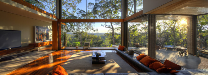 Panoramic Bush Views: Stunning Australian Living Room with Glass Walls