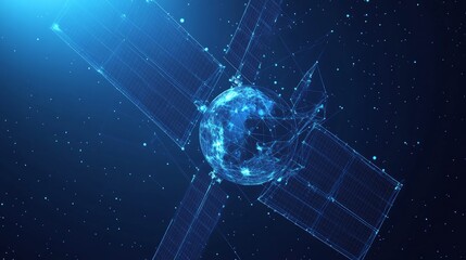 3d satellites polygonal art illustration. Wireless satellite technology, communication or network concept. Abstract vector color wireframe. Digital space dark image with blue lines, dots and stars