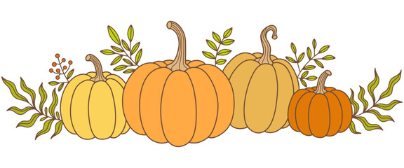 Wall Mural - pumpkin with leaves flat style illustration, vector eps