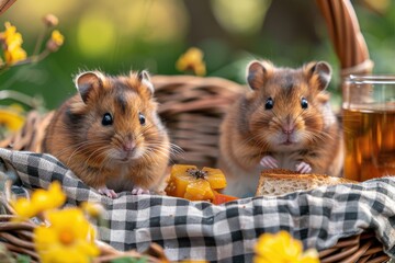 Two cute hamsters sit on a checkered picnic blanket, enjoying a delicious meal