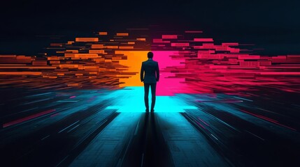 A solitary man stands before an abstract digital landscape filled with vibrant neon lights, symbolizing technology and the future.