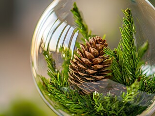 Glass globe showcasing copper-colored ornaments reflecting festive lights.