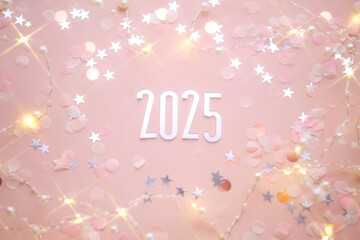 Wall Mural - new year 2025 pink background. number of the coming year in christmas decoration.