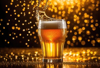 Wall Mural - lively close frothy beer pouring into glass capturing bubbles golden hues, amber, carbonation, cold, condensation, craft, delicious, drink, draft