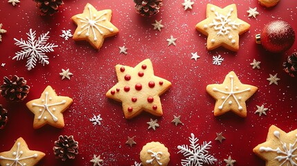 Festive Christmas cookies decorated with icing, stars, and pinecones on a red background with a dusting of powdered sugar for a holiday atmosphere.