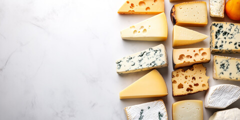 Assorted cheeses placed in rows on a flat, rectangular tray