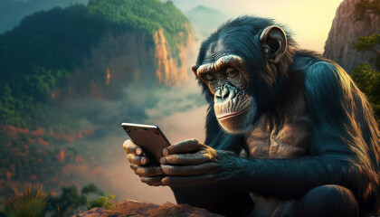 Un chimpancé sentado en el suelo observando con curiosidad un teléfono movil entre las manos