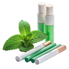 A sprig of fresh mint leaves sits in front of three green mint flavored cigarettes and two tall green bottles with white tops. The items are isolated on a white background