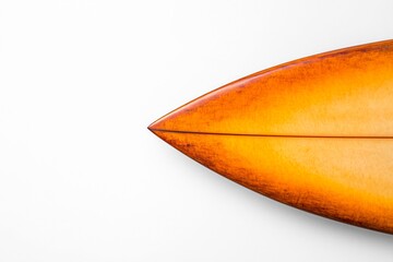 Close-up of a vintage surfboard resting on a white surface, copy space for text, surt concept