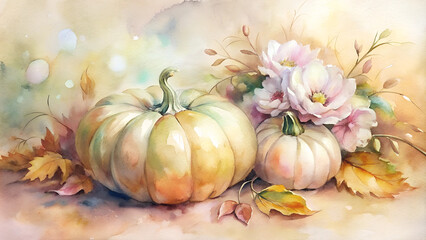 Two pumpkins with flowers and autumn leaves in soft watercolor style