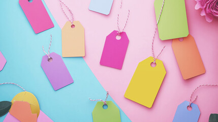 Colorful paper tags in various shapes and sizes scattered on a pastel pink and blue background, with string ties attached, creating a playful and vibrant flat lay composition