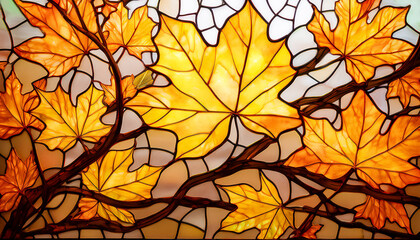 Stained glass depicting autumn yellow maple leaves on branches; flat lay