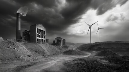 Poster - This landscape showcases closed coal mines alongside wind turbines, highlighting the shift toward sustainable energy amidst dark skies. Generative AI