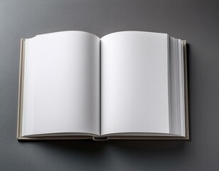 An open blank hardcover book on a simple gray background