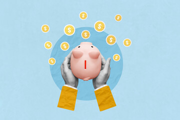 Wall Mural - Creative art collage of hand holding piggy bank with coin. Concept for invest and saving success in the future goal. top view