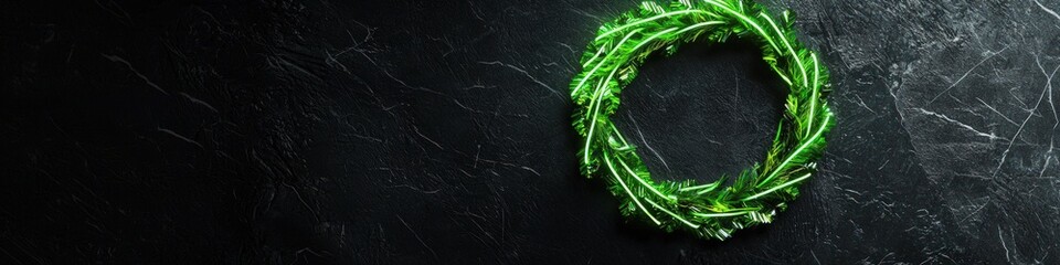 Contemporary Christmas wreath in neon green against a black canvas.