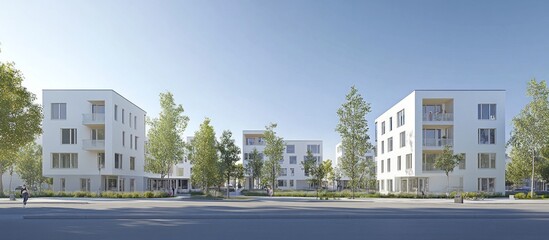 Poster - Modern Apartment Complex with Green Trees and Sunny Day