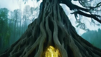 Wall Mural - Mystical ambiance surrounds a huge tree growing in the middle of a forest, emanating an ethereal glow. The twisted branches and gnarled bark speak of its ancient age and power