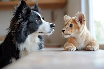 Sticker - Black and White Border Collie and a Young Lion Cub Facing Each Other