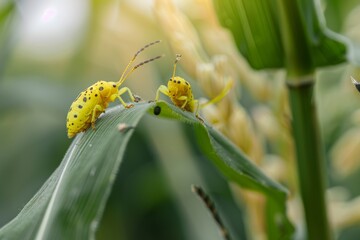 Two yellow spotted beetles perched on a green leaf, seemingly engaged in delicate communication amidst lush vegetation.