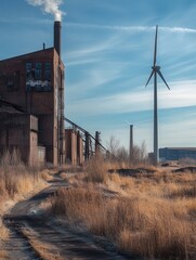 Poster - Wind turbines stand tall against the backdrop of abandoned coal mines and factories, symbolizing a shift to renewable energy. Generative AI