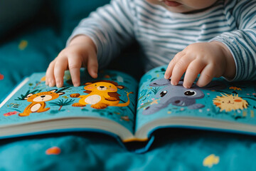 Child reading children's book, concept of learning and education 