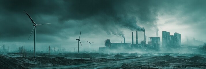 Poster - The landscape showcases wind turbines alongside defunct coal mines and old factories, highlighting the transition to renewable energy sources. Generative AI