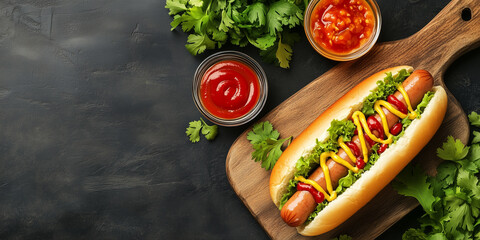 Wall Mural - Classic hot dog on a bun, placed on a wooden board with condiments